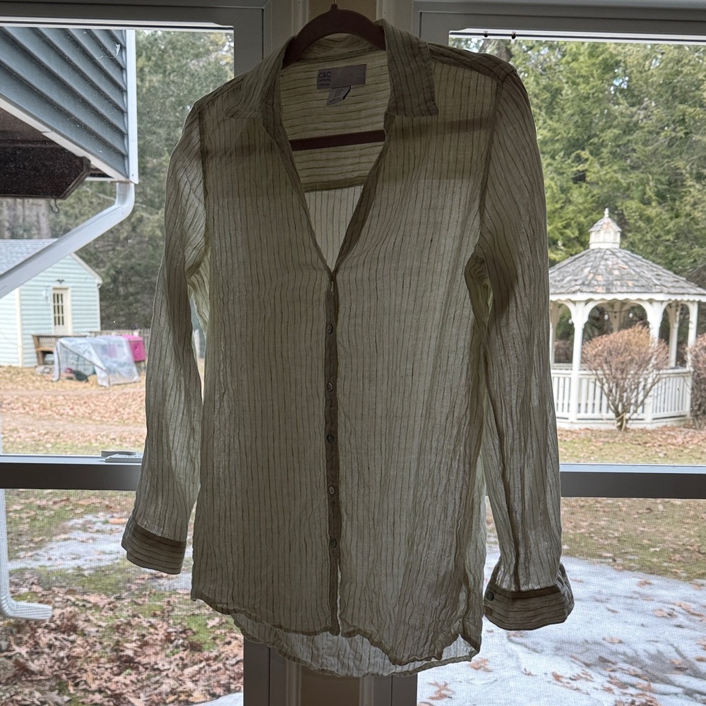 C&C California Cream and Olive Striped Button-Down Shirt